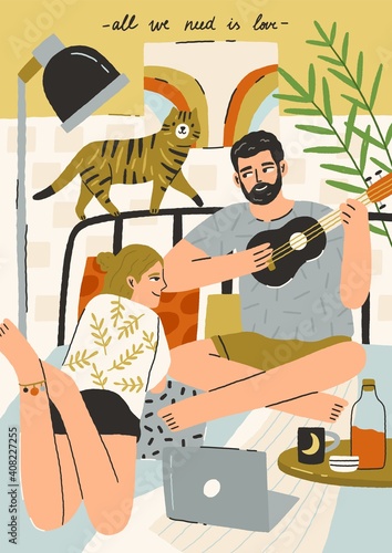 Scene of romantic couple and cat relaxing together. Happy young man playing guitar for woman. Hand-drawn vertical postcard with All We Need Is Love inscription. Colorful flat vector illustration