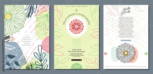 Floral patterns and cover templates. Wedding and anniversary cards and placards designs with plants and flowers. Decorative invitation, brochure and seasonal greetings vector documents.