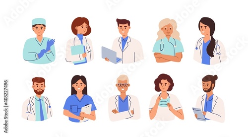 Set of smiling doctors, nurses and paramedics. Portraits of male and female medic workers in uniform with stethoscopes, masks and gloves. Flat cartoon vector illustration isolated on white background photo