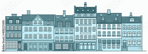 Amsterdam buildings skyline. Linear cityscape with various row houses. Outline illustration with old Dutch buildings.