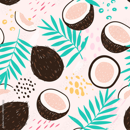 Doodle coconut and abstract elements. Vector seamless pattern. Hand drawn illustrations.