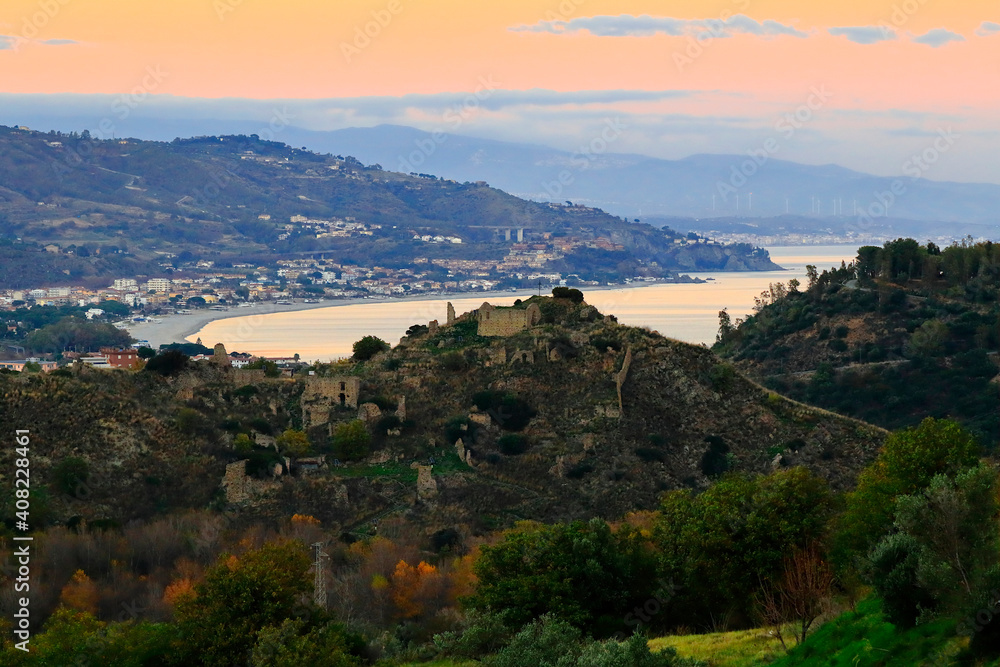 View of the ruins of the ancient village of Soverato (Soverato vecchia) and the Gulf of Squillace (Calabria, Italy)