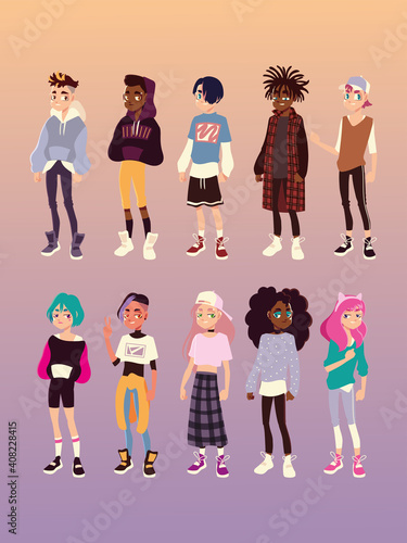 portrait of boys girls with fashionable clothes, young culture