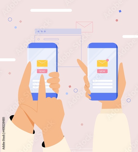 Hand holding smartphone with message or email notification, envelope icon and send button. Vector illustration for infographic, apps design