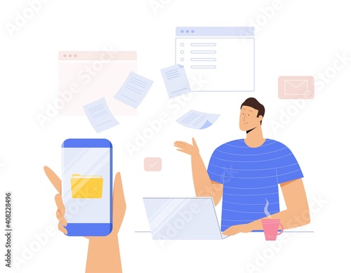 File and data transfer concept from mobile phone to laptop, hand holding smartphone with folder icon. Vector illustration, character design