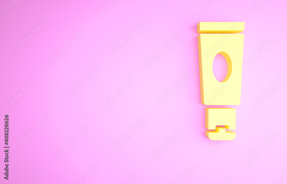 Yellow Cream or lotion cosmetic tube icon isolated on pink background. Body care products for woman. Minimalism concept. 3d illustration 3D render. Yellow Cream or lotion cosmetic tube icon isolated on pink background. Body care products for woman. Minimalism concept. 3d illustration 3D render.