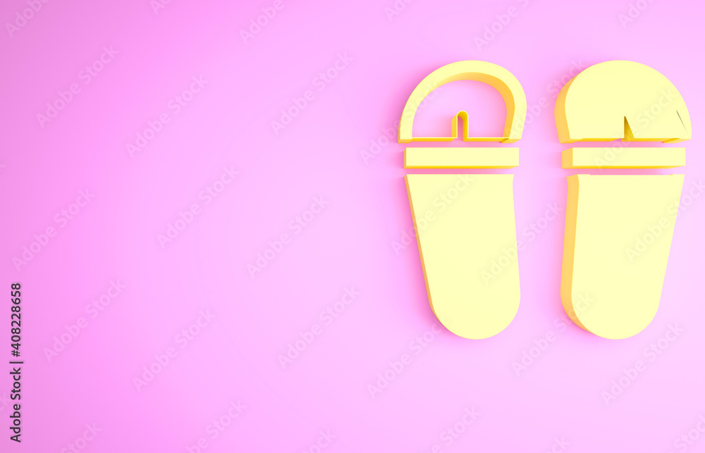 Yellow Flip flops icon isolated on pink background. Beach slippers sign. Minimalism concept. 3d illustration 3D render. Yellow Flip flops icon isolated on pink background. Beach slippers sign. Minimalism concept. 3d illustration 3D render.