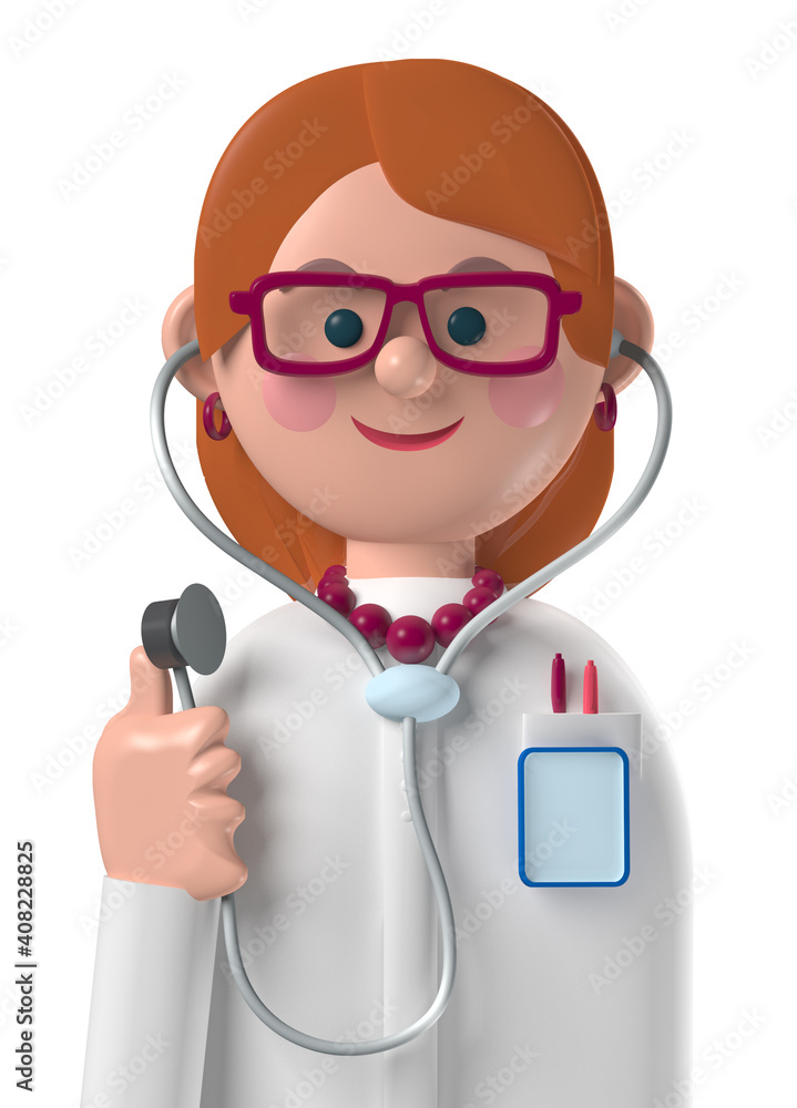 Cartoon character 3d happy caucasian female doctor Cartoon character 3d happy caucasian female doctor
