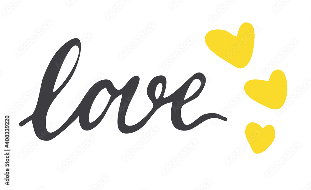 the inscription love, hearts in fashionable colors 2021.hand-drawn illustration for Valentine's Day.Valentine's day card the inscription love, hearts in fashionable colors 2021.hand-drawn illustration for Valentine's Day.Valentine's day card