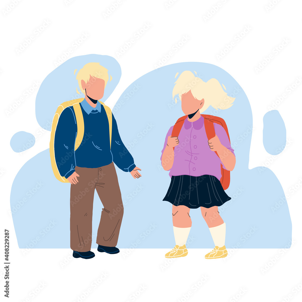 Pupils Kids With Backpack Staying Together Vector Pupils Kids With Backpack Staying Together Vector