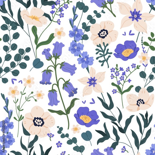 Gorgeous seamless floral pattern with bluebells and forget-me-nots. Endless design with delicate wild flowers for printing and decoration. Repeatable botanical backdrop. Color flat vector illustration photo