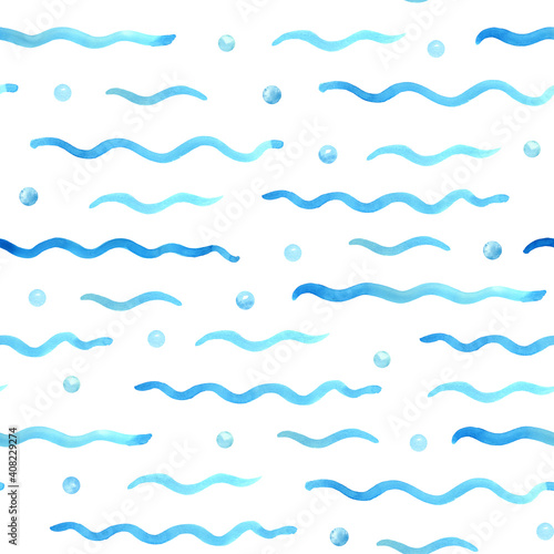 Watercolor seamless pattern with sea waves and pearls or bubbles on white. Great for fabrics, wrapping papers, wallpapers, linens, baby clothes. Hand painted illustration. Textile print.