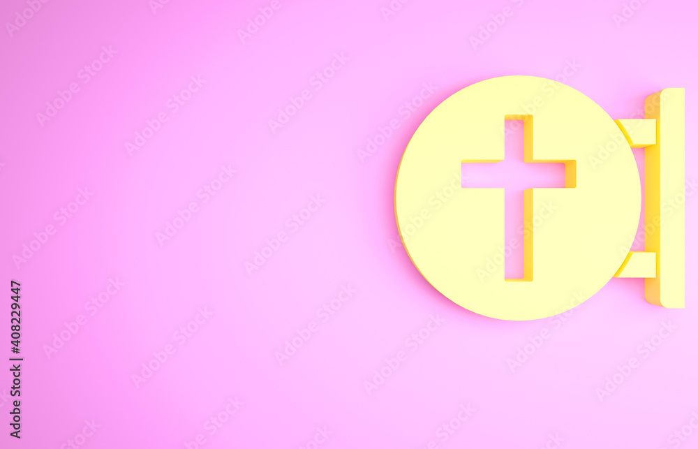 Yellow Christian cross icon isolated on pink background. Church cross. Minimalism concept. 3d illustration 3D render. Yellow Christian cross icon isolated on pink background. Church cross. Minimalism concept. 3d illustration 3D render.