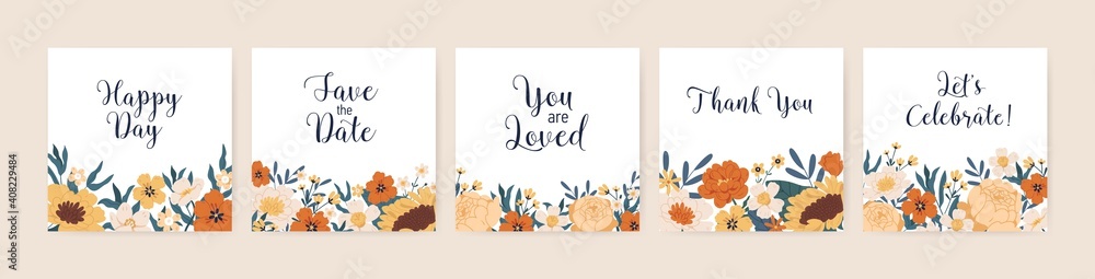 Set of square invitation cards with floral border and place for text. Romantic postcards decorated with elegant autumn flowers. Flat vector illustration isolated on white backdrop