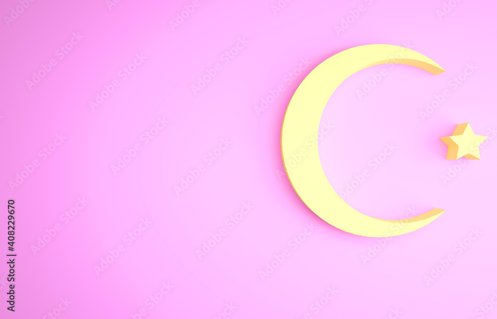 Yellow Star and crescent - symbol of Islam icon isolated on pink background. Religion symbol. Minimalism concept. 3d illustration 3D render. Yellow Star and crescent - symbol of Islam icon isolated on pink background. Religion symbol. Minimalism concept. 3d illustration 3D render.