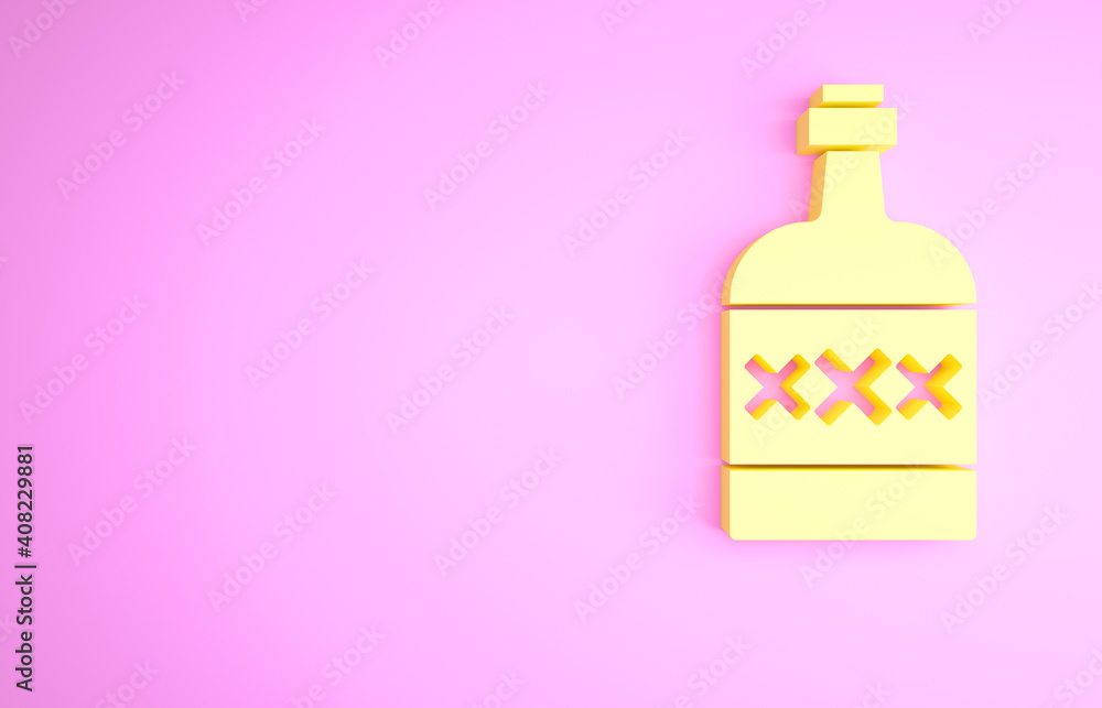 Yellow Tequila bottle icon isolated on pink background. Mexican alcohol drink. Minimalism concept. 3d illustration 3D render. Yellow Tequila bottle icon isolated on pink background. Mexican alcohol drink. Minimalism concept. 3d illustration 3D render.