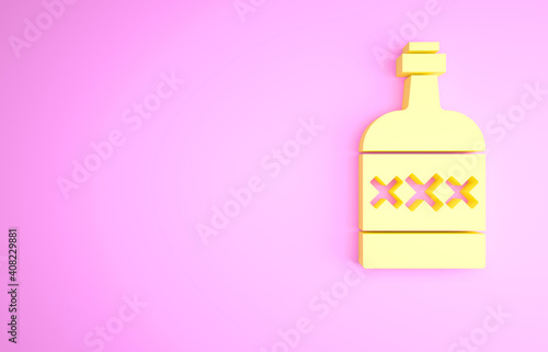 Yellow Tequila bottle icon isolated on pink background. Mexican alcohol drink. Minimalism concept. 3d illustration 3D render.