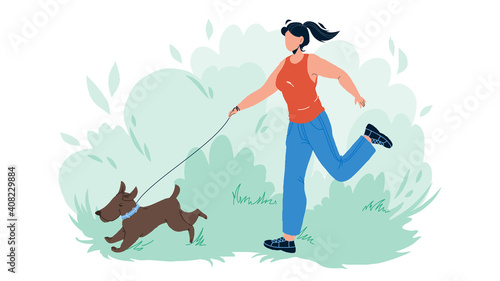 Pet Walking And Running In Park With Girl Vector
