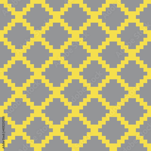Geometric seamless pattern with gray pixel art rhombus on yellow background. Abstract diamond vector pattern. Simple vector illustration. Geometric zigzag design for fabric  wallpaper  textile