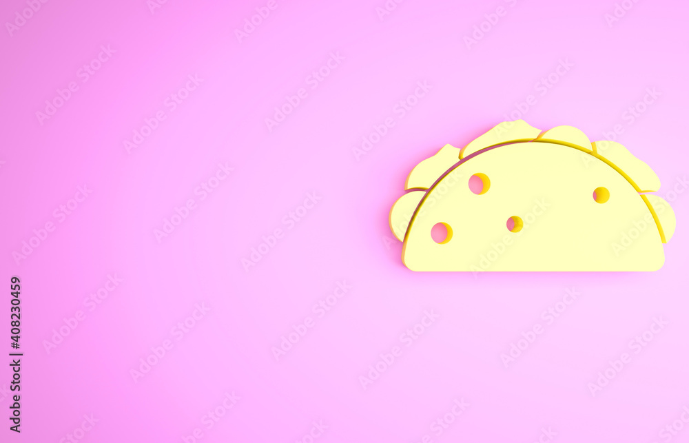 Yellow Taco with tortilla icon isolated on pink background. Traditional mexican fast food menu. Minimalism concept. 3d illustration 3D render. Yellow Taco with tortilla icon isolated on pink background. Traditional mexican fast food menu. Minimalism concept. 3d illustration 3D render.