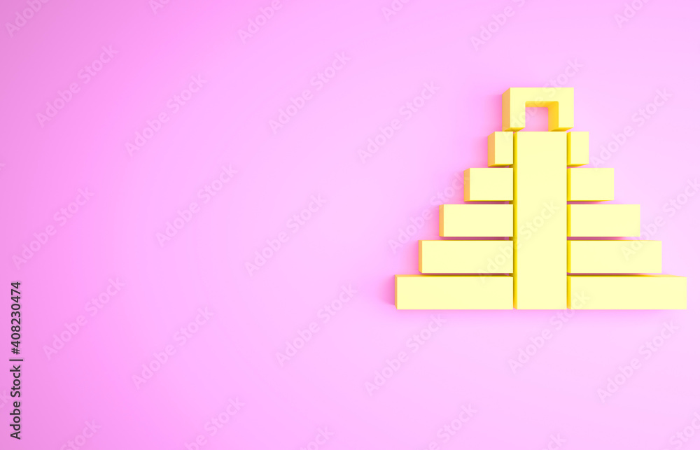 Yellow Chichen Itza in Mayan icon isolated on pink background. Ancient Mayan pyramid. Famous monument of Mexico. Minimalism concept. 3d illustration 3D render.