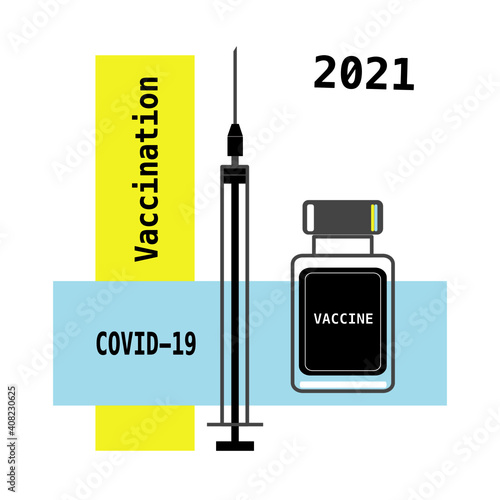 Anti coronavirus vaccine. Syringe and vaccine vial flat icon. Treatment for covid-19. Isolated white black blue and yellow vector illustration
