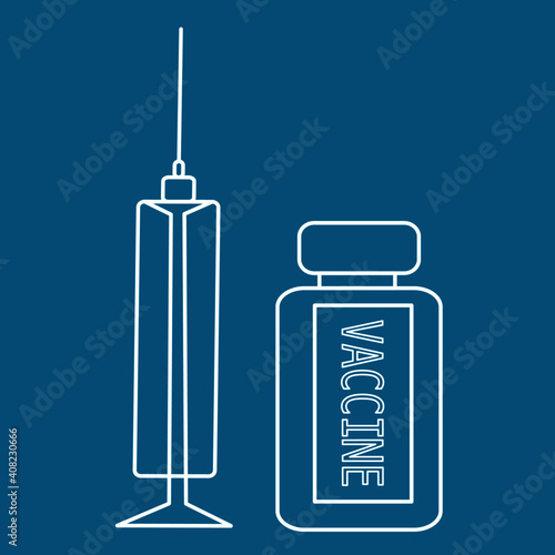 Anti coronavirus vaccine. Syringe and vaccine vial flat icon. Treatment for covid-19. Isolated white and blue vector illustration