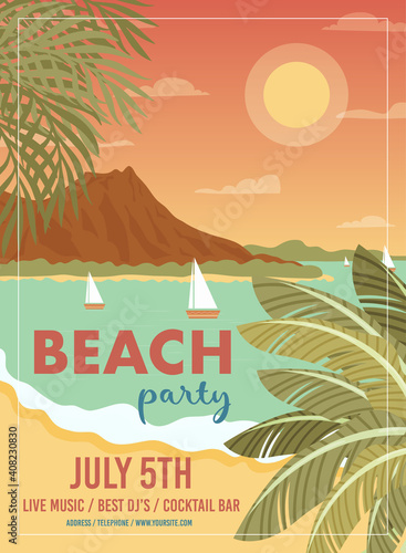 Beach party vintage poster invitation card template. Vector illustration.