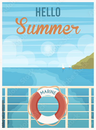 Hello Summer postcard. Sea cruise liner with lifebuoy. Vector illustration.