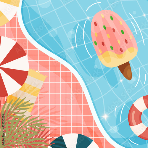 Cartoon summer beach pool background. with ice cream float, sea stars and palms. vector illustration