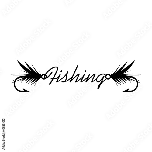 Fly fishing lure icon isolated on white background. Word Fishing sign