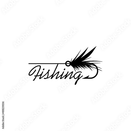 Fly fishing lure icon isolated on white background. Word Fishing sign