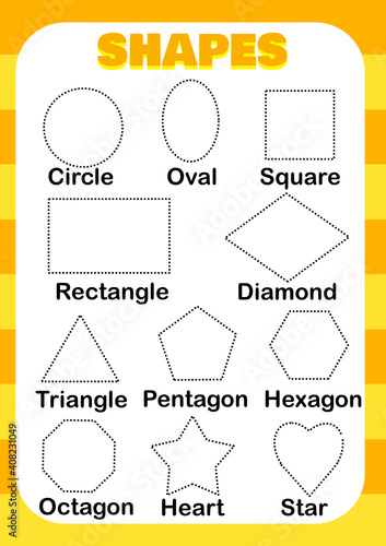 Sets of 2D shapes are circle, triangle, pentagon, square, hexagon, octagon, star, and heart.Printable worksheet for kids.Tracing shapes writing practice.