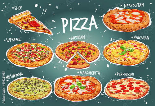 Hand drawn vector illustration of a Pizza menu including popular pizza varieties, Neapolitan, Italian Supreme, Mexican, Hawaiian, Mushroom, Margherita and Pepperoni Pizza.