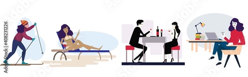Work at home concept design. Freelance woman and man working on laptop with pets at their house  dressed in home clothes. Vector illustration set isolated on white background. Keywords 