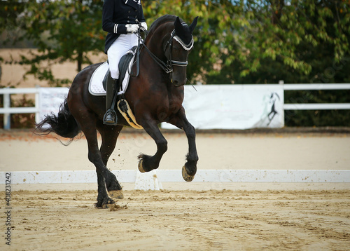 Friesian horse with rider during a gallop jump, during a dressage test at a horse show..