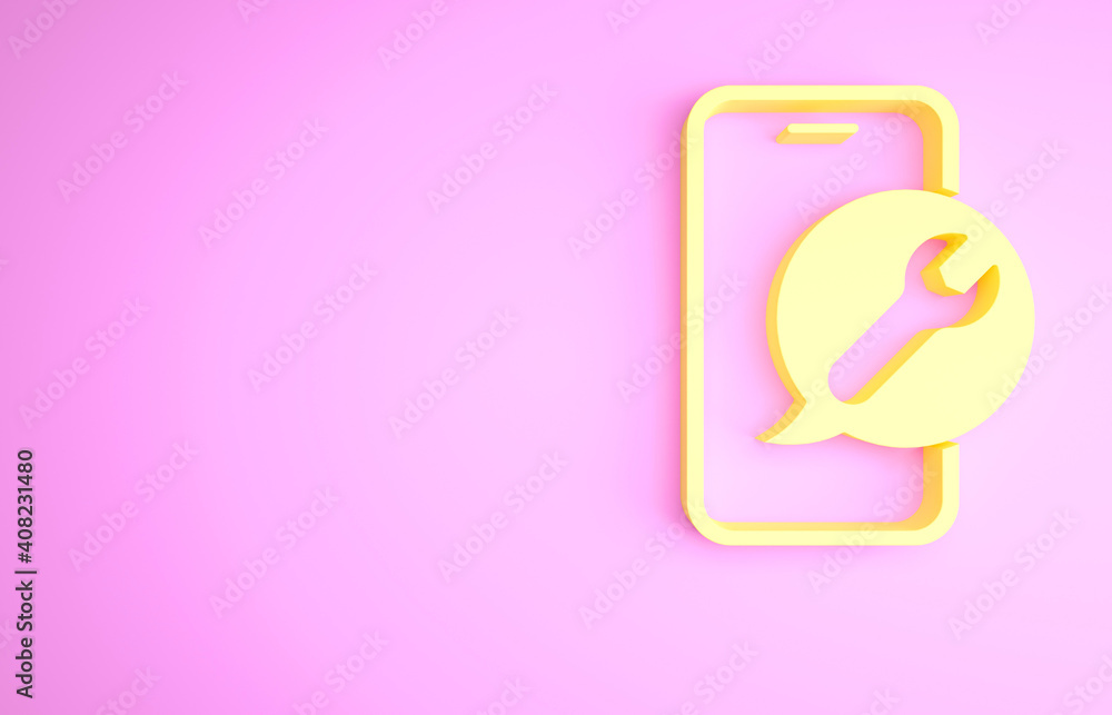 Yellow Mobile phone with wrench icon isolated on pink background. Adjusting, service, setting, maintenance, repair. Minimalism concept. 3d illustration 3D render.