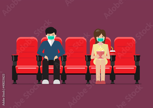 Couple in movie theater lifestyle after pandemic covid-19 corona virus