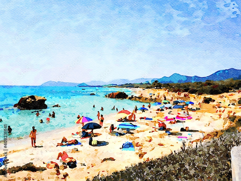 A glimpse of one of the beaches of Sardinia with tourists relaxing in the summer. Digital watercolors