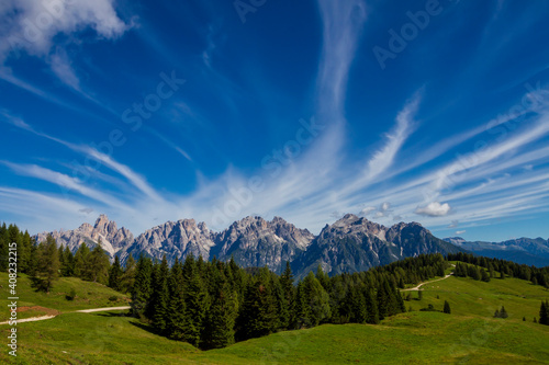 Suggestive view of the Dolomites mountain in a clarely summer morning.