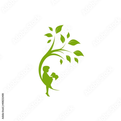 Green curved tree with leaves and child with book. Round border with boy.