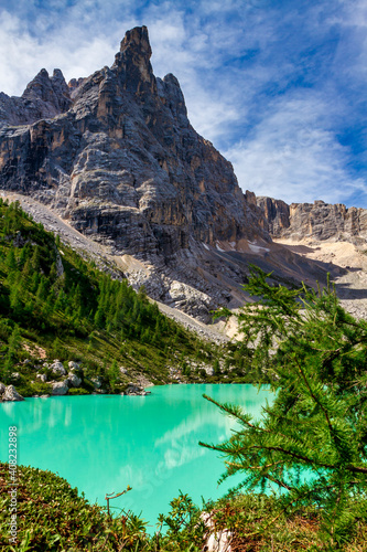 View of the Sorapis lake in the Dolomites mountain.