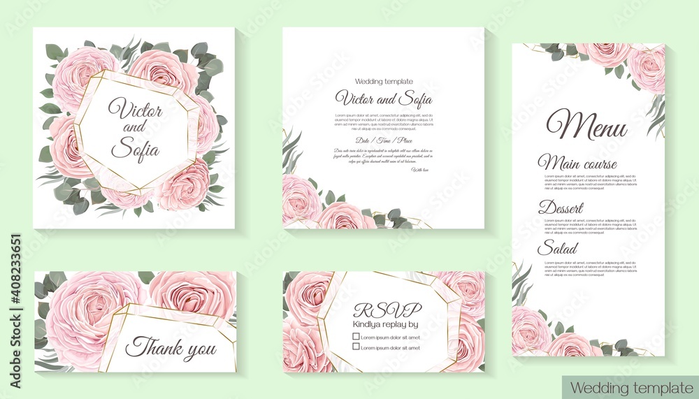 Floral design for wedding invitation. Gold frame in the shape of a crystal, pink roses, green plants, eucalyptus. Vector invitation set: square card for invitation, menu, thank you, rsvp.