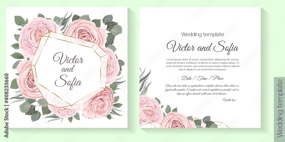 Floral design for wedding invitation. Gold frame in the shape of a crystal, pink roses, green plants, eucalyptus.