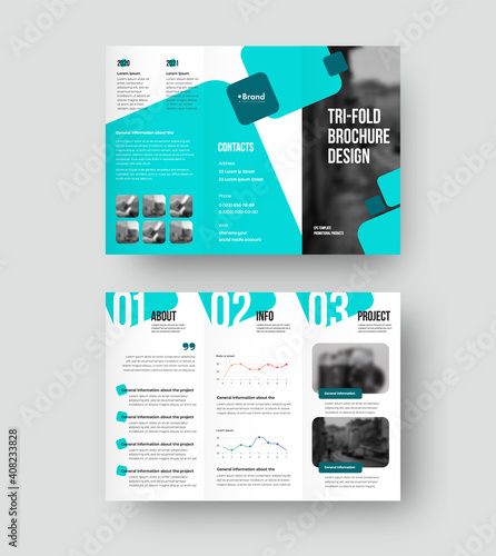 Vector brochure template with geometric illustration, trifold with colorful creative design on white background, with realistic shadows.