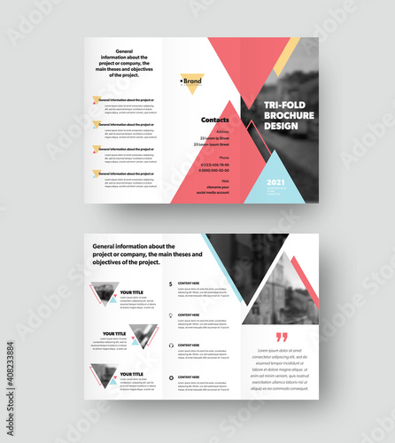 Trifold brochure vector template with triangular design, with place for photo, realistic shadows. Leflet for business concept,menu,informative booklet.