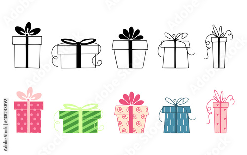 
Set of gift boxes isolated on a white background. Colored and black and white collection. Vector illustration in flat style