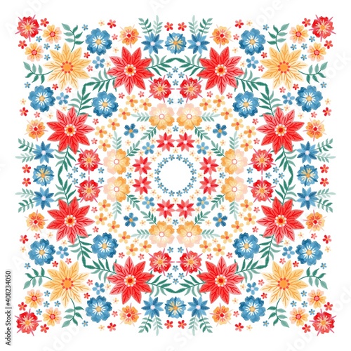 Lovely tablecloth with colorful summer flowers on white background. Bright bandana print. Floral vector ornament.