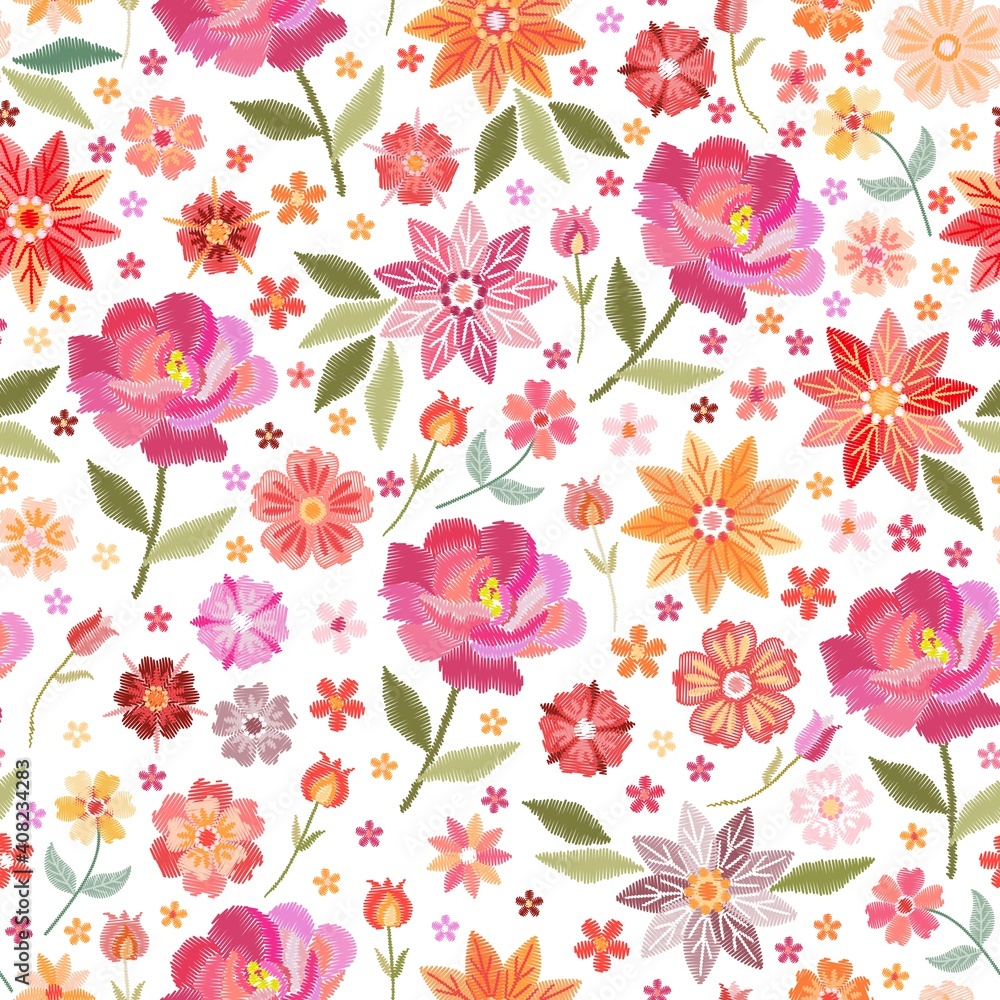 Embroidery seamless pattern with red, pink and yellow flowers on white background. Summer design. Template for clothes, textiles, fashion dresses.