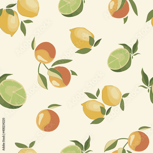 Citrus fruit seamless pattern  orange  lemon  lime. Wallpaper  package  textile  vector illustration.